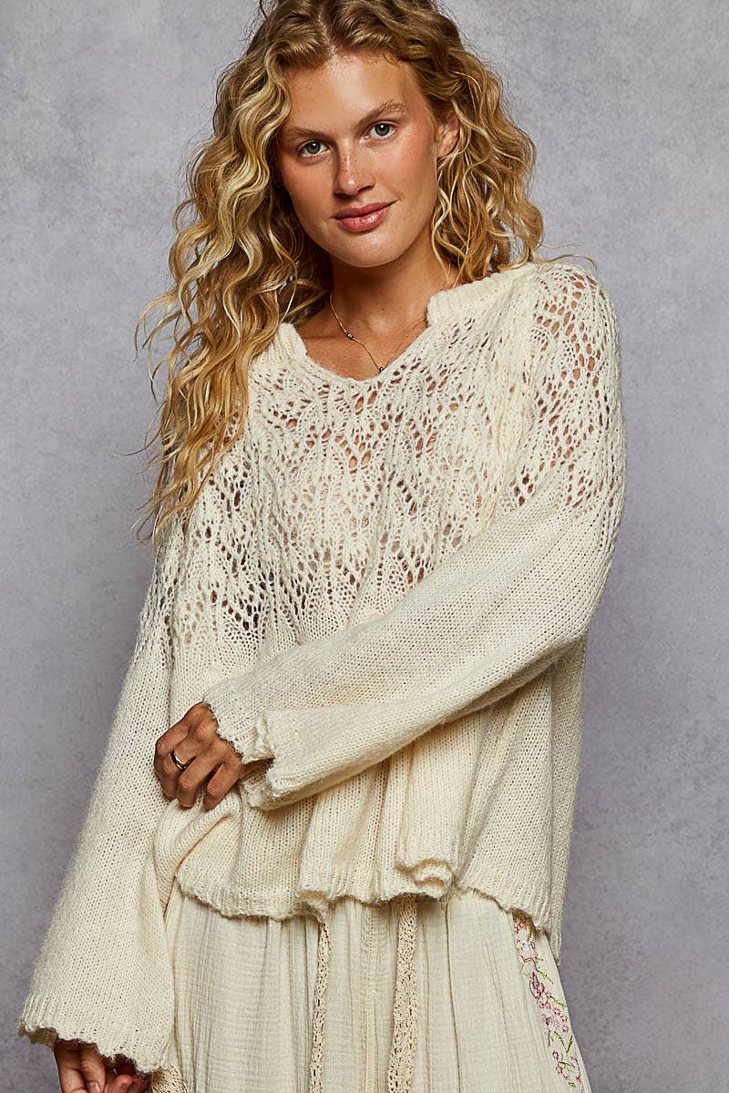 Long sleeve shirring flared solid rib band detail sweater: