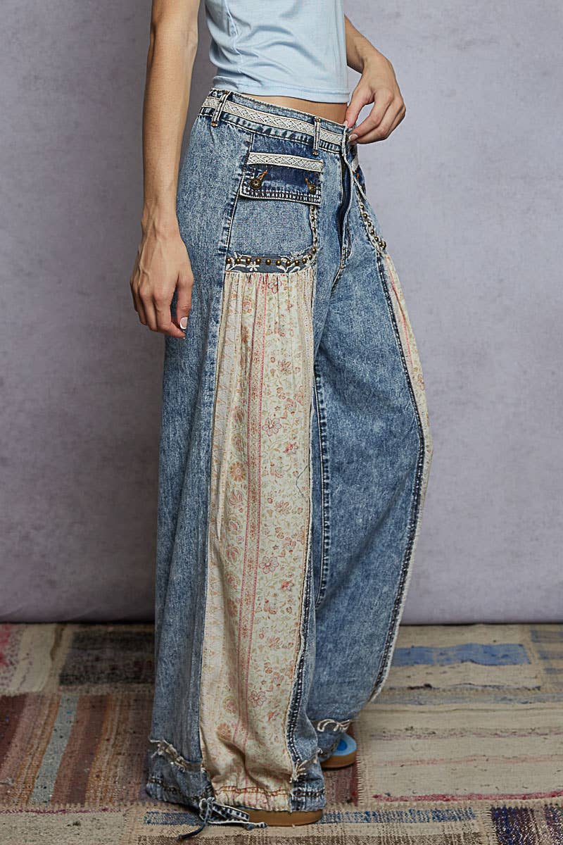 Elastic band floral print patch stud detail jogger pants: