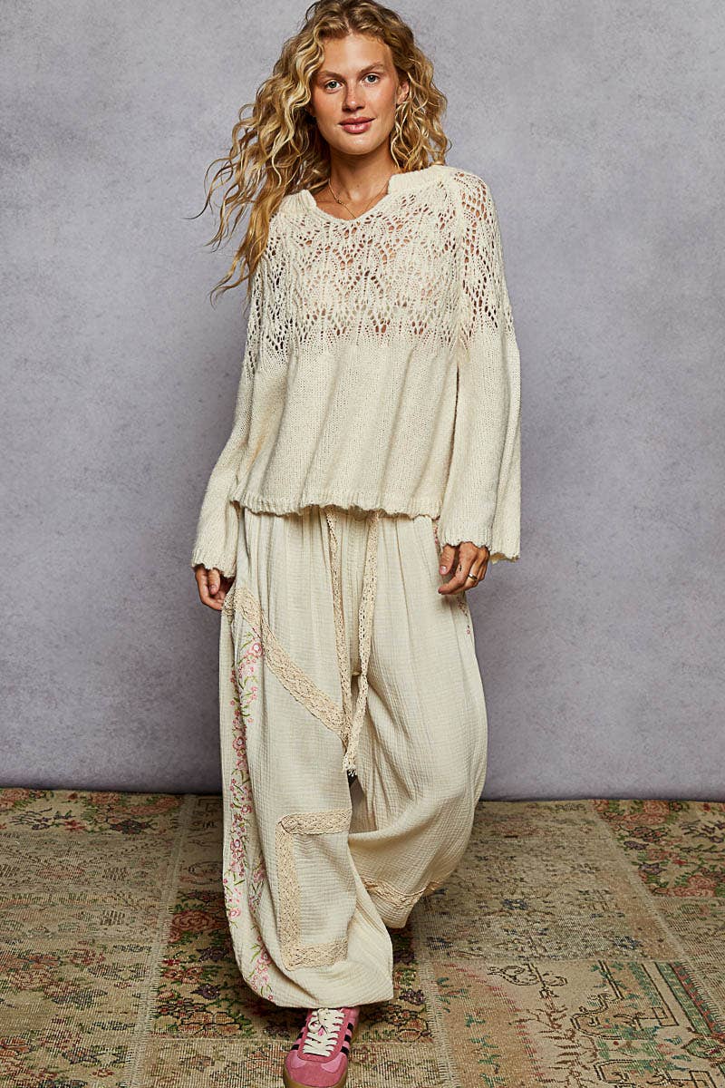 Long sleeve shirring flared solid rib band detail sweater: