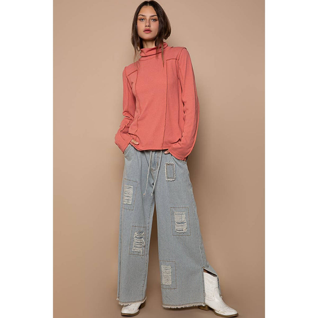 Bestseller “The Conrad” Distressed drawstring waist snap stripe denim wide leg pant