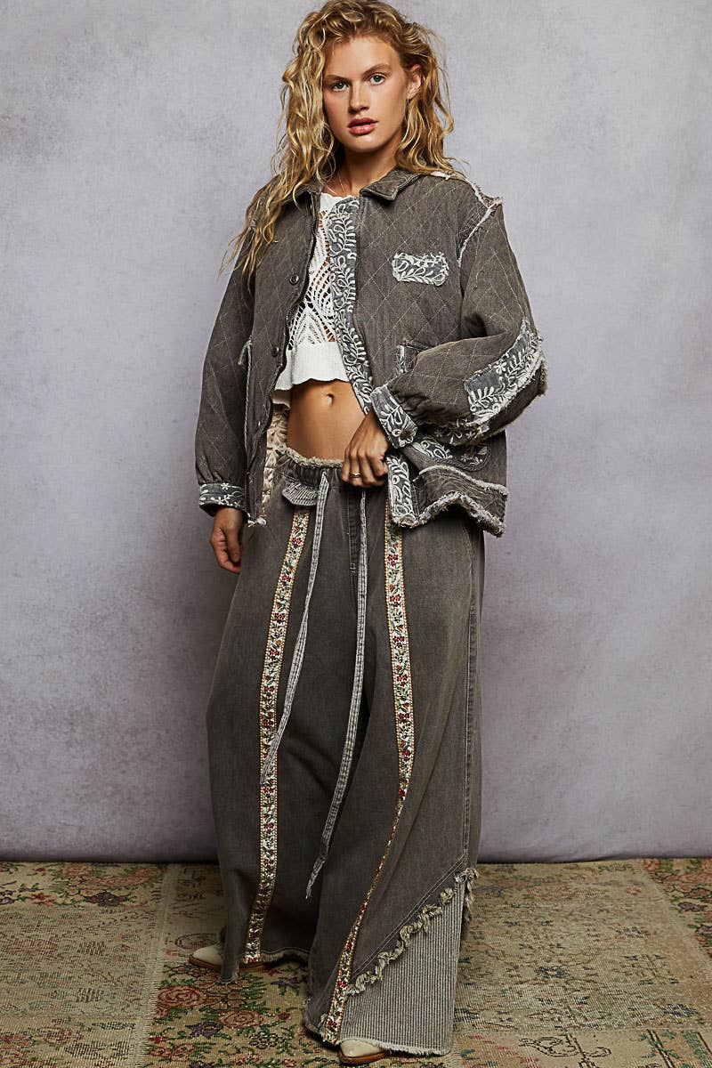 Long Sleeve Overlay Lace Binding Quilted Woven Jacket