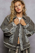 Long Sleeve Overlay Lace Binding Quilted Woven Jacket