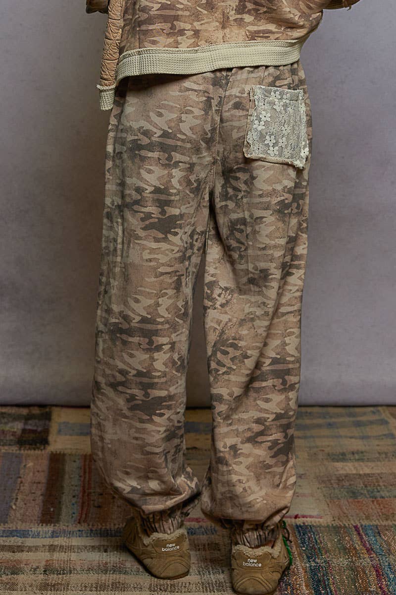 French terry Olive Camo joggers with various lace patches
