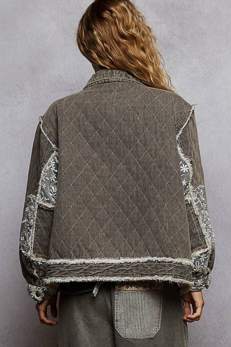 Long Sleeve Overlay Lace Binding Quilted Woven Jacket