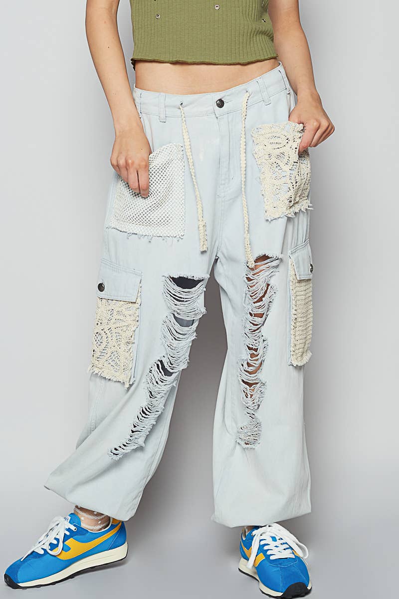 “The Kelly”Vintage wash crochet patche distress jogger pants