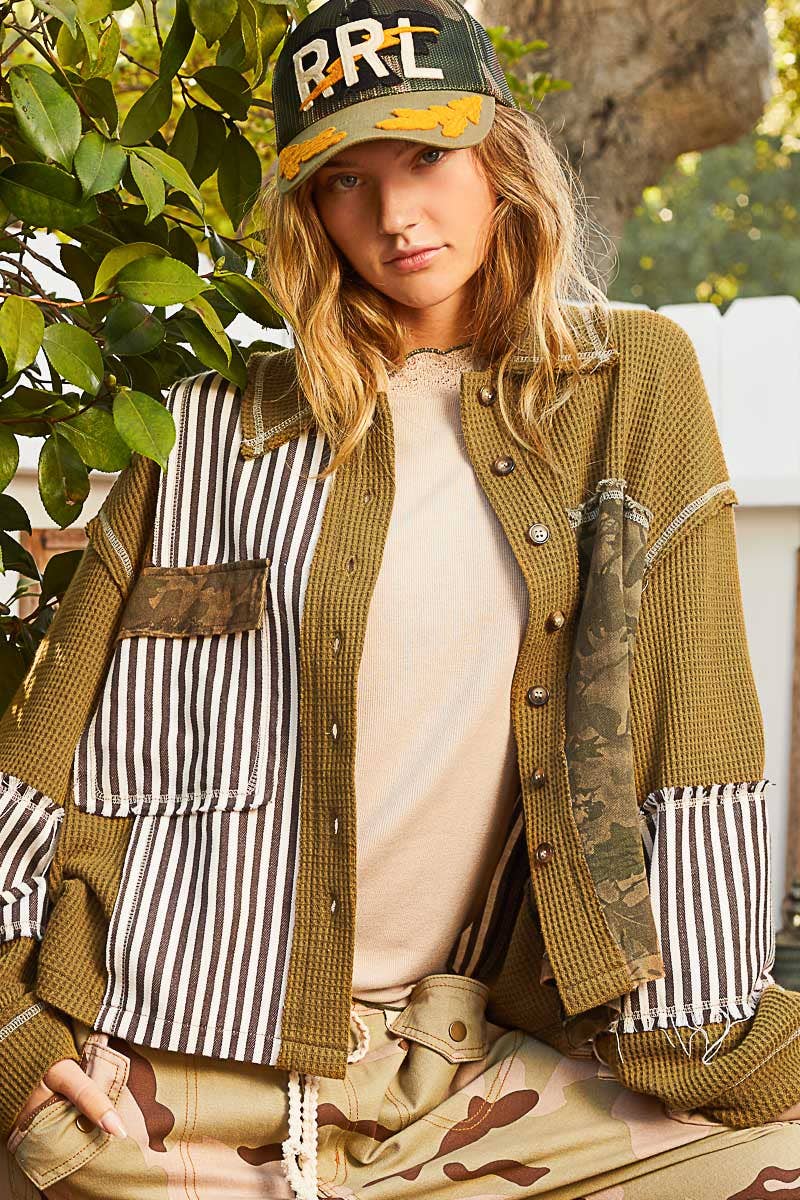 “THE Lillianna”Balloon sleeve thermal edge detail collar jacket in Olive,Camo and Stripe.