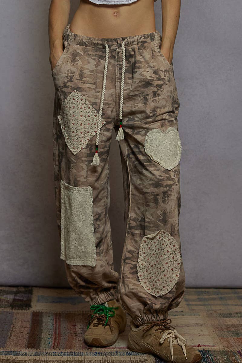 French terry Olive Camo joggers with various lace patches