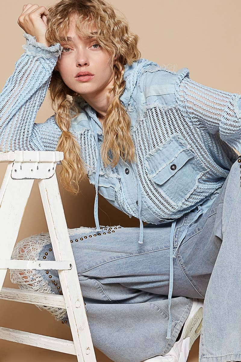 “THE SIERRA” Open knit button down pocket front hooded shirt top