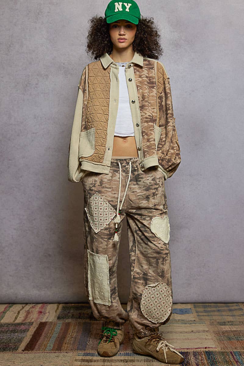 French terry Olive Camo joggers with various lace patches