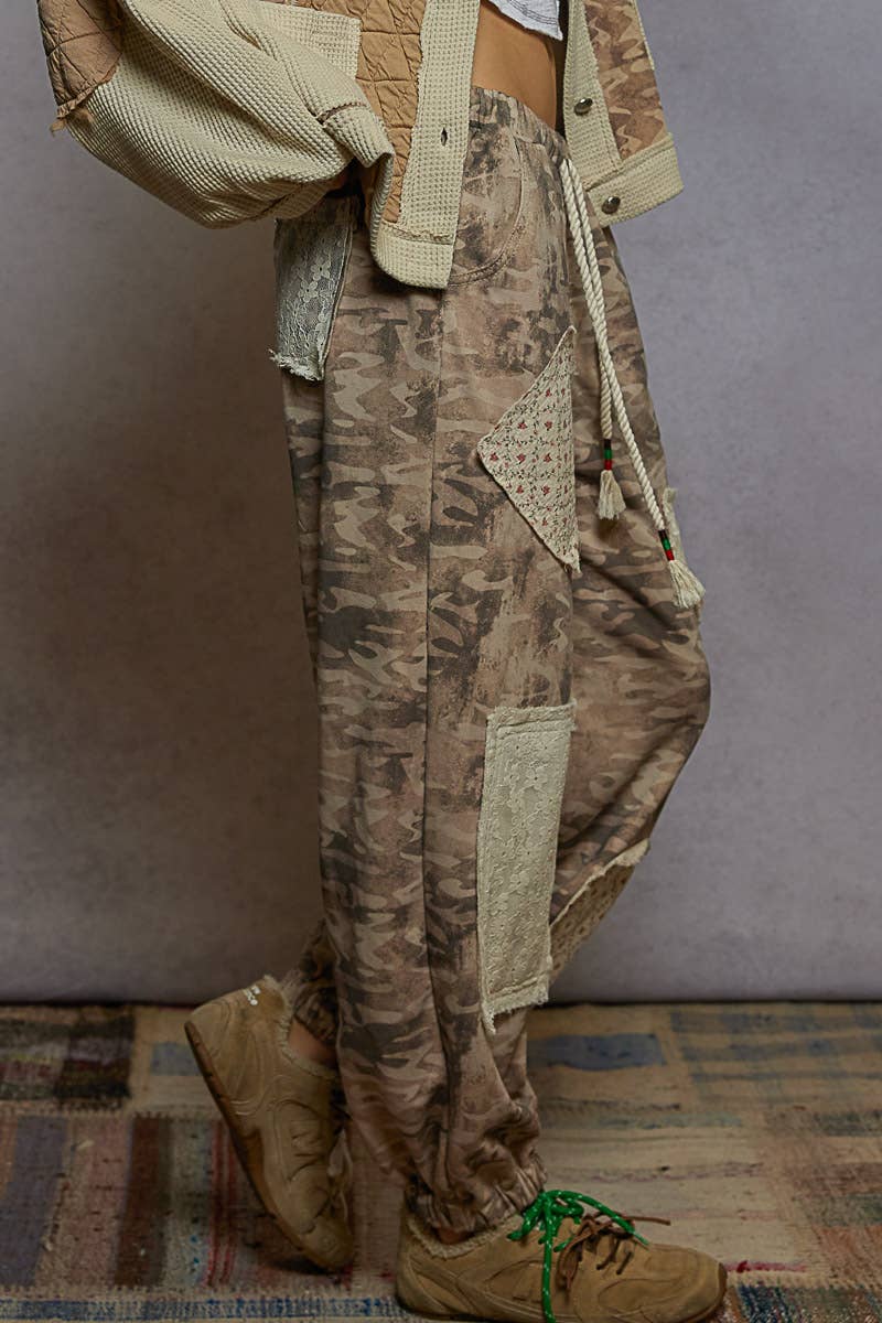 French terry Olive Camo joggers with various lace patches