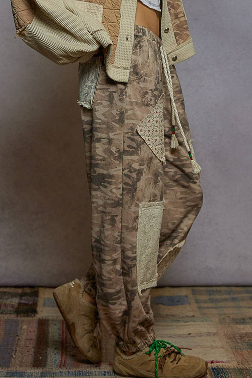 French terry Olive Camo joggers with various lace patches