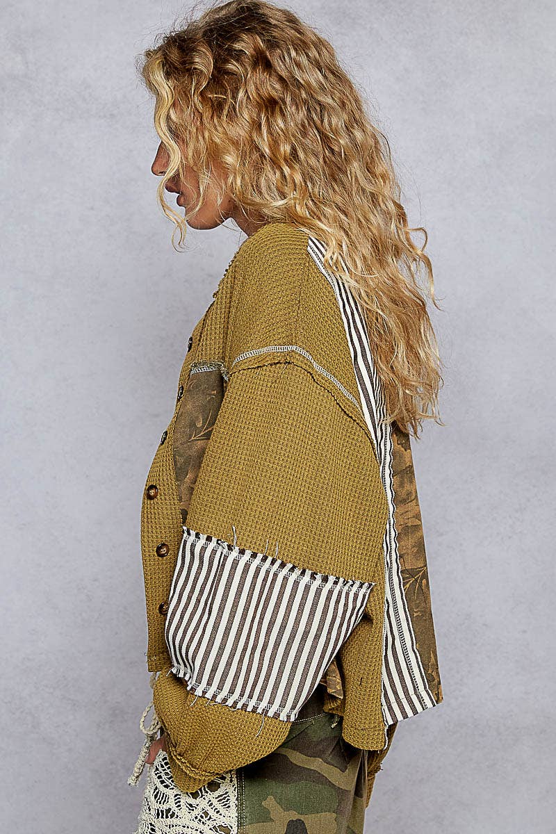 “THE Lillianna”Balloon sleeve thermal edge detail collar jacket in Olive,Camo and Stripe.
