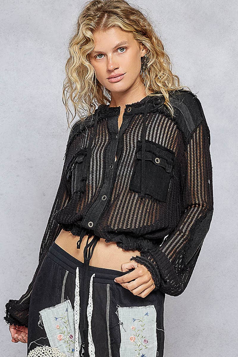 “THE SIERRA” Open knit button down pocket front hooded shirt top