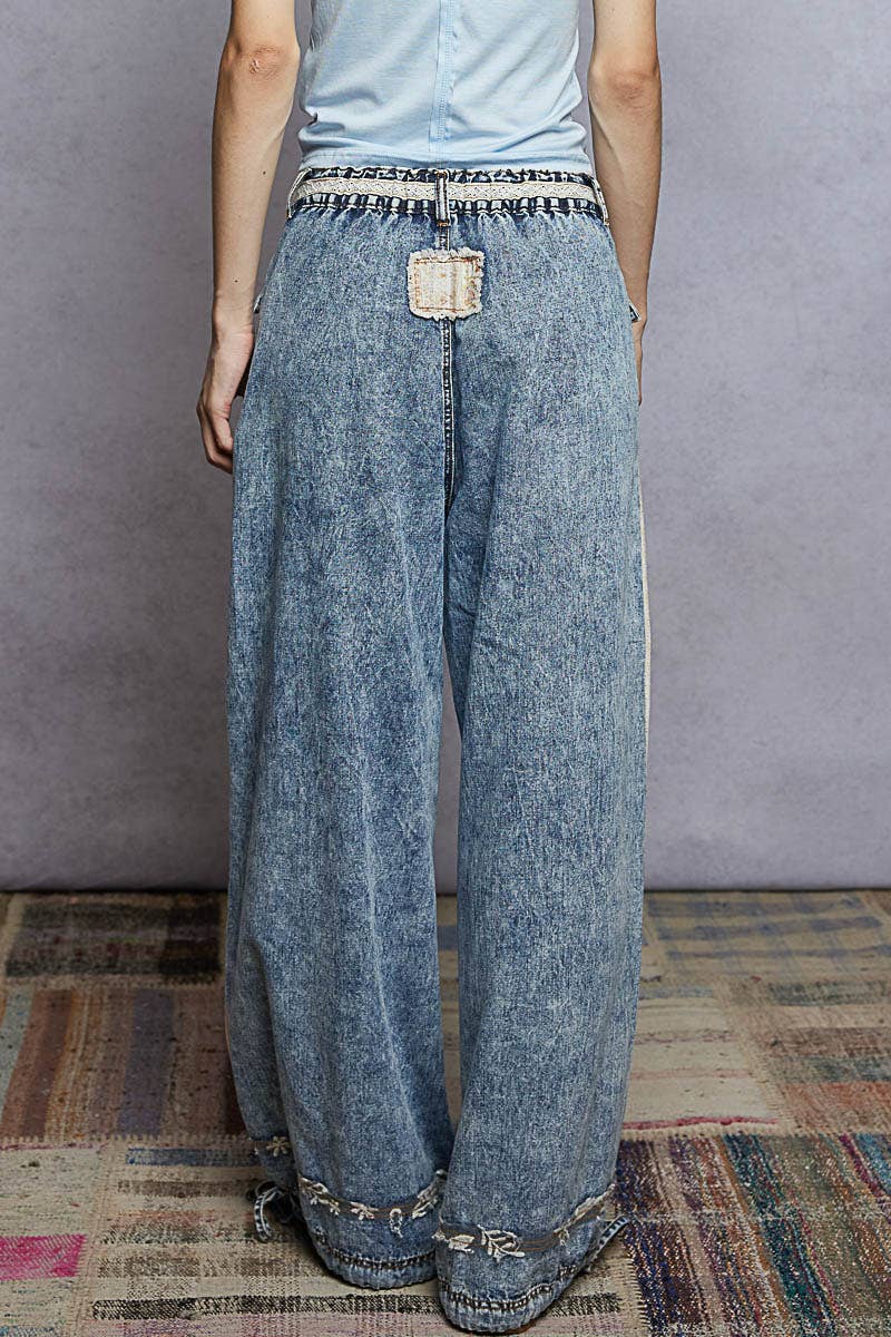 Elastic band floral print patch stud detail jogger pants: