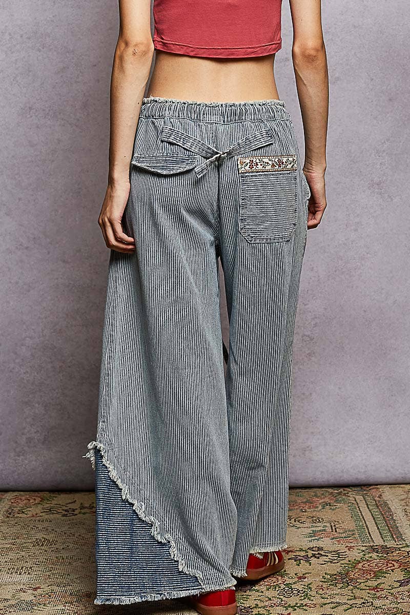 Contrast Buckle Back Floral Trim Down Woven Pants: STRIPE DENIM