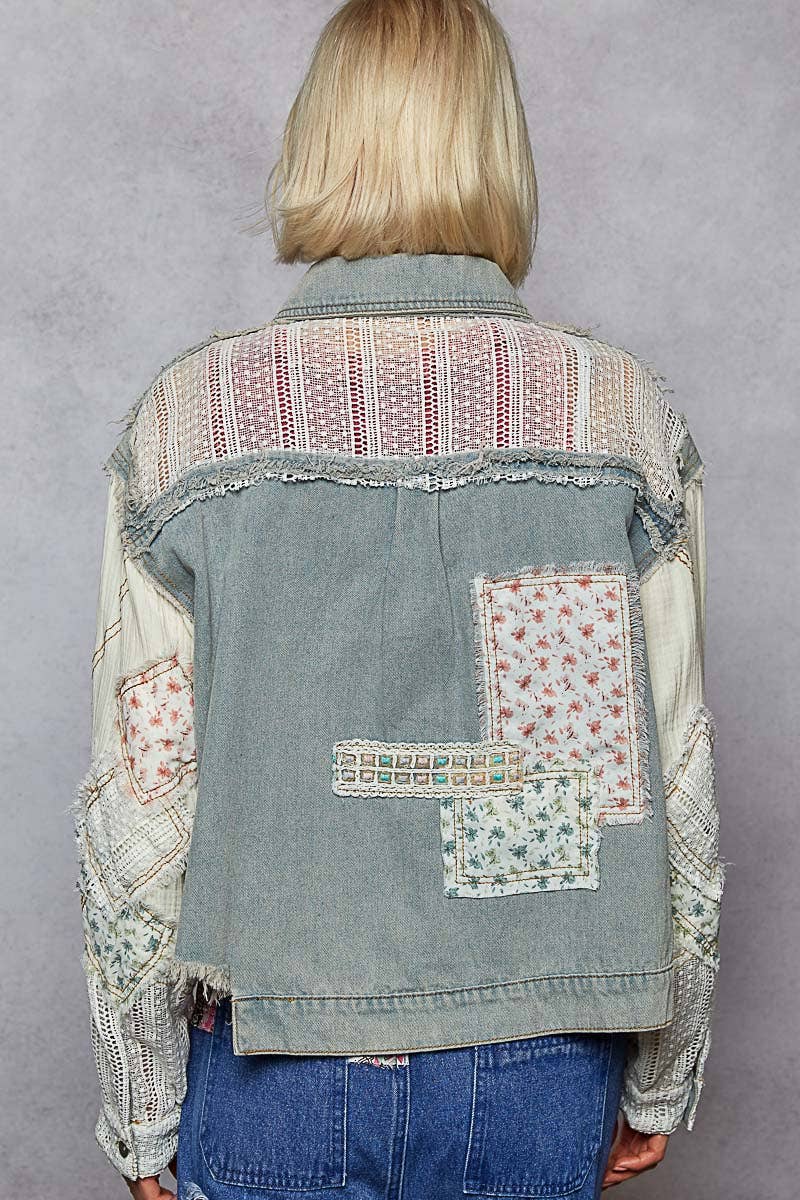 “The FLIRT”  long sleeve crochet patchwork floral light denim jacket