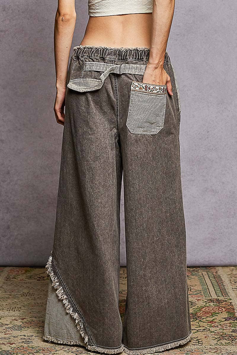 Contrast Buckle Back Floral Trim Down Woven Pants: STRIPE DENIM