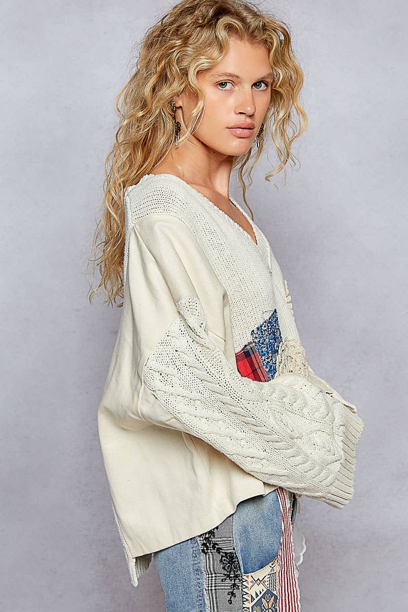 V-neck long sleeve patch details solid sweater