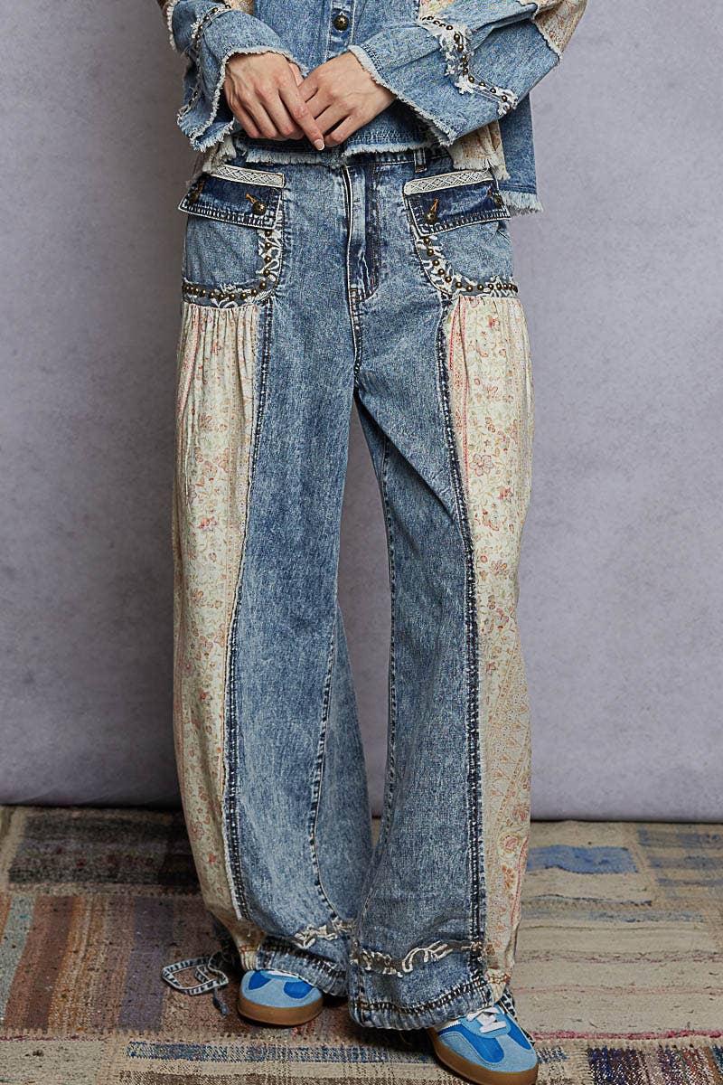 Elastic band floral print patch stud detail jogger pants: