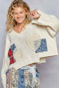 V-neck long sleeve patch details solid sweater