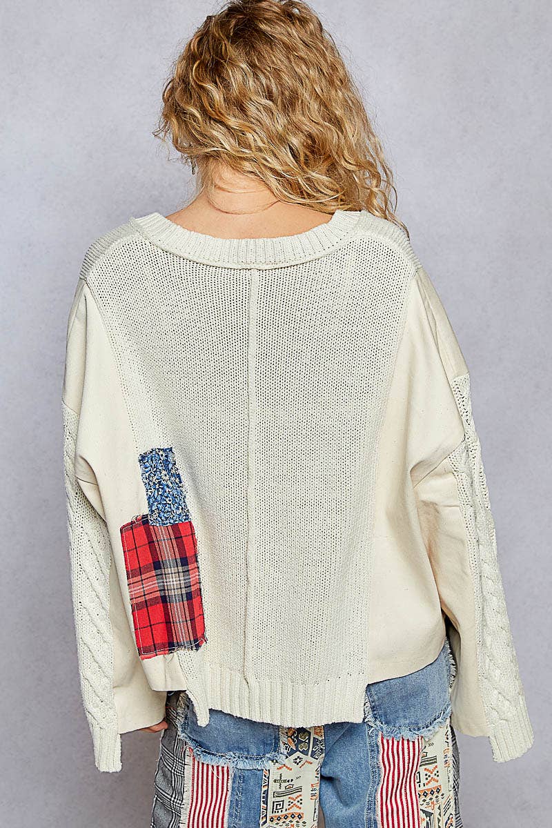 V-neck long sleeve patch details solid sweater