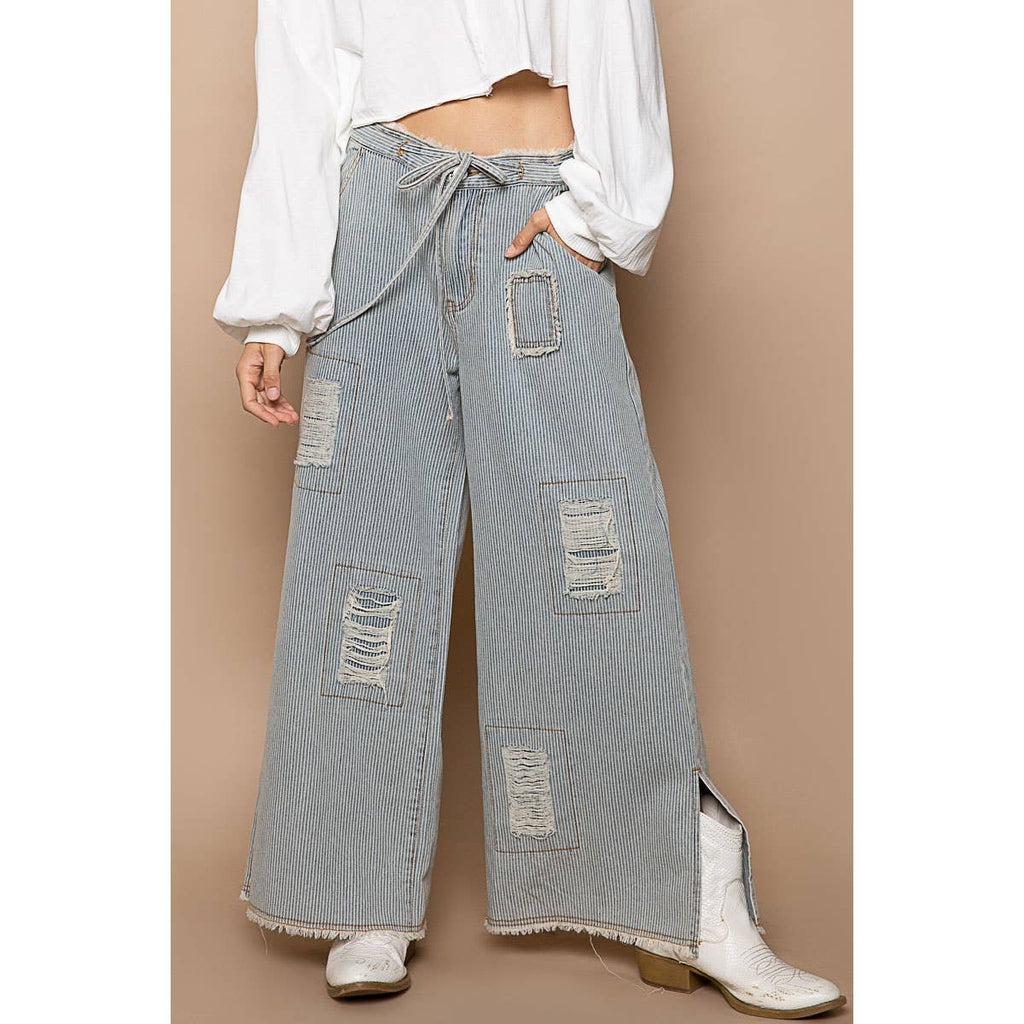 Bestseller “The Conrad” Distressed drawstring waist snap stripe denim wide leg pant