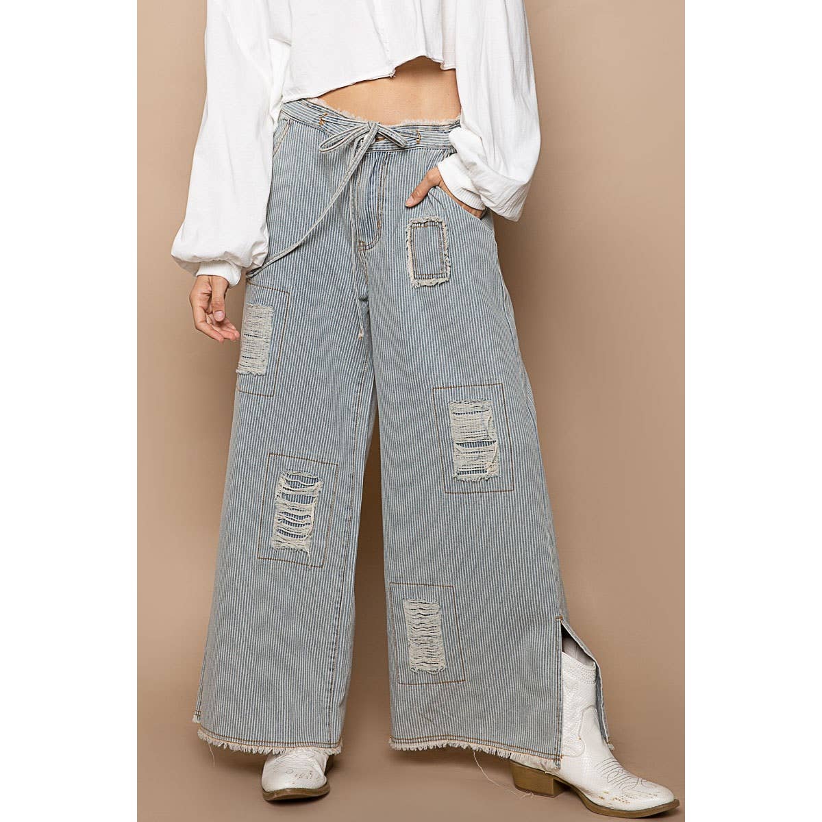 Bestseller “The Conrad” Distressed drawstring waist snap stripe denim wide leg pant
