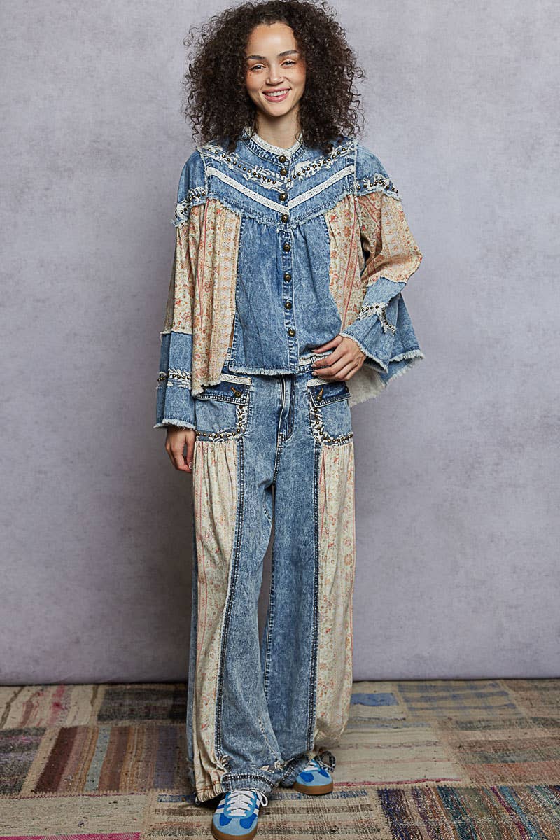 Elastic band floral print patch stud detail jogger pants: