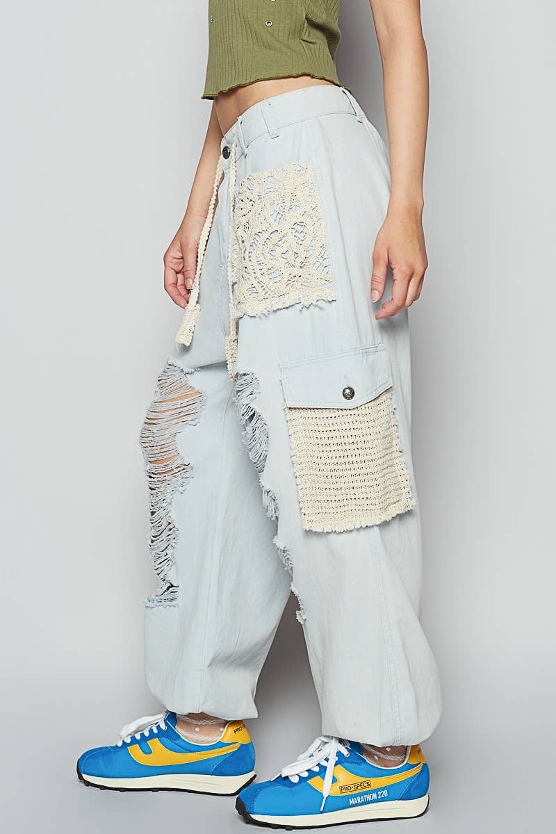 “The Kelly”Vintage wash crochet patche distress jogger pants