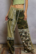Lace-Overlay Printed Patchwork Contrast Denim Camo Waistband Pant