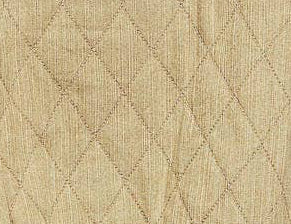 Person wearing a beige quilted jacket with decorative elements on a gray background
