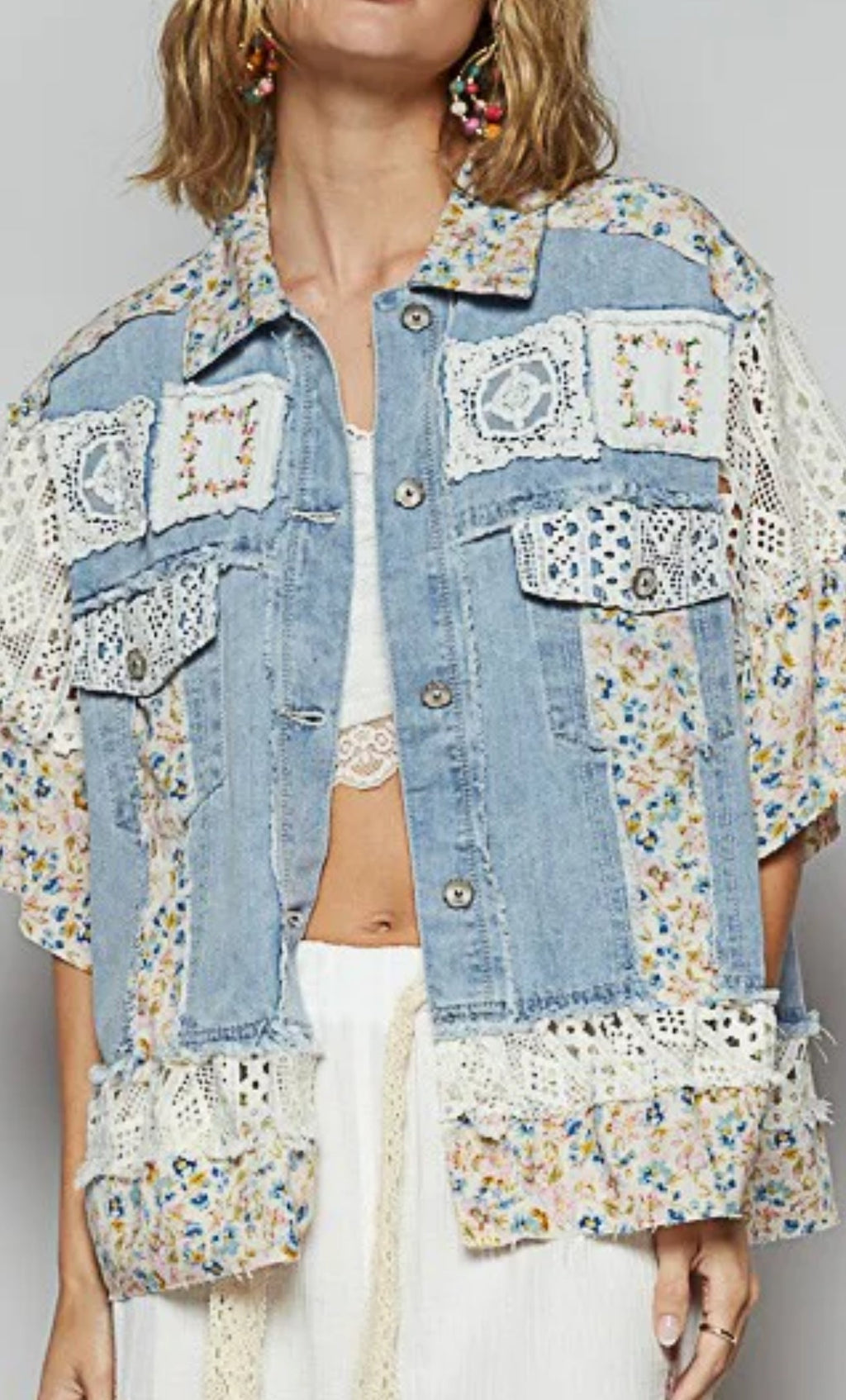 Vanity Short Sleeve Vintage Lace Patch Denim Shacket