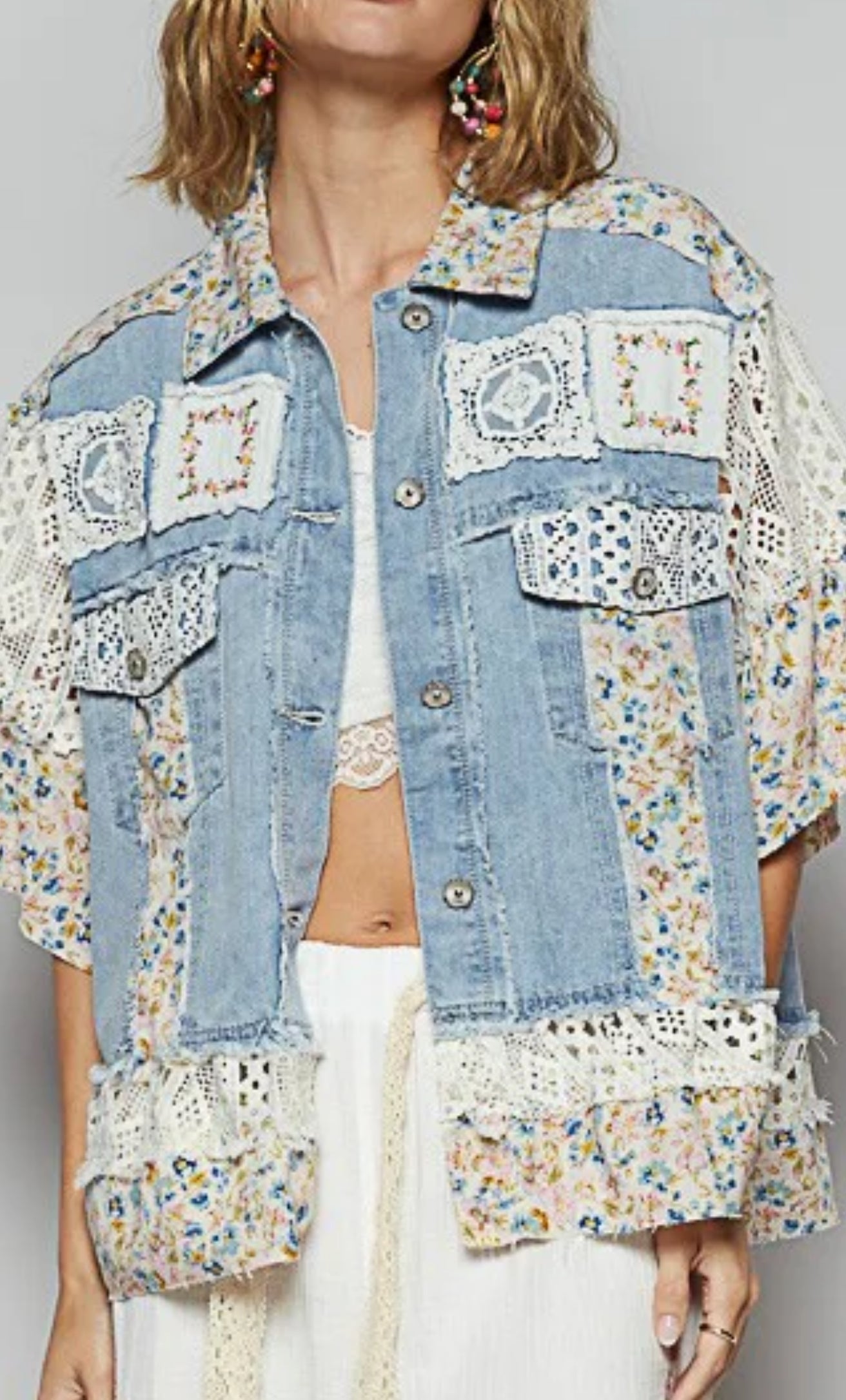 Vanity Short Sleeve Vintage Lace Patch Denim Shacket