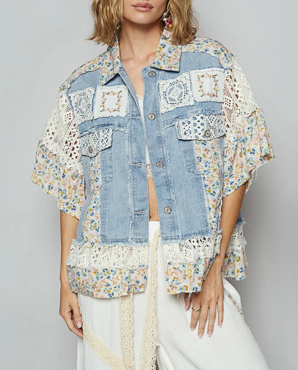 Vanity Short Sleeve Vintage Lace Patch Denim Shacket