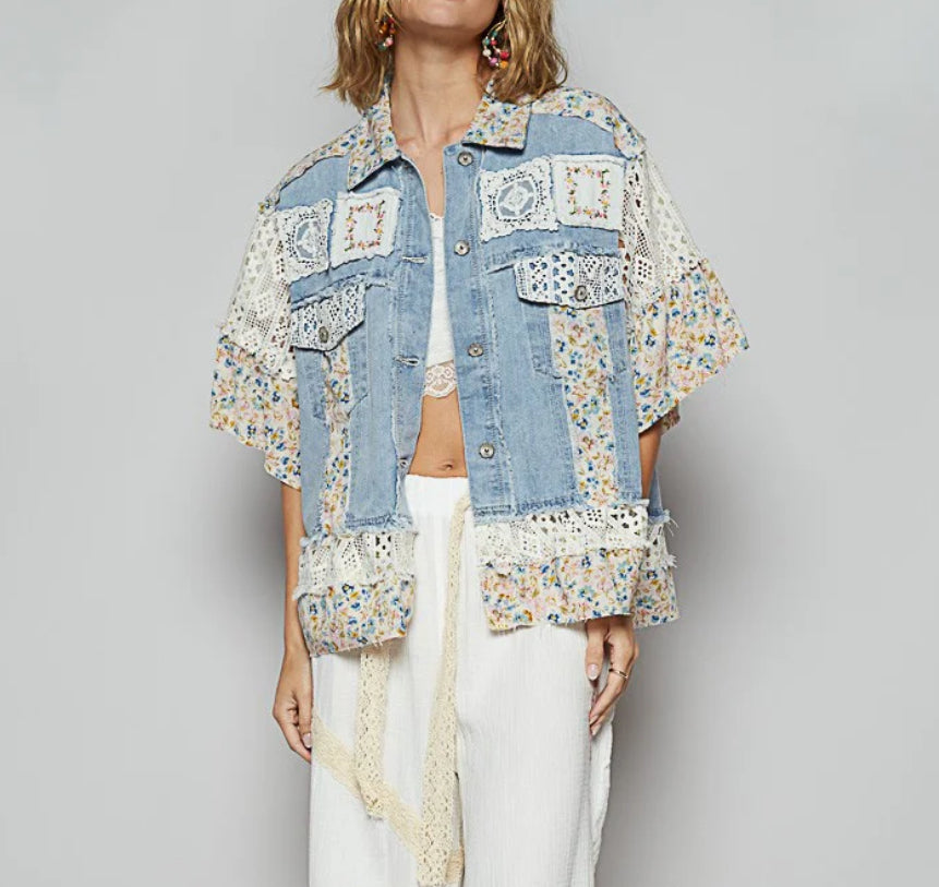 Vanity Short Sleeve Vintage Lace Patch Denim Shacket