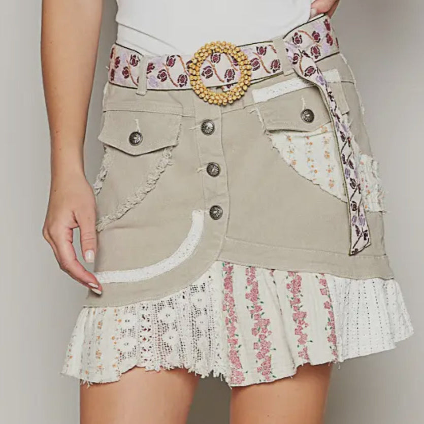 POL Natural Flare mini skirt with patchwork