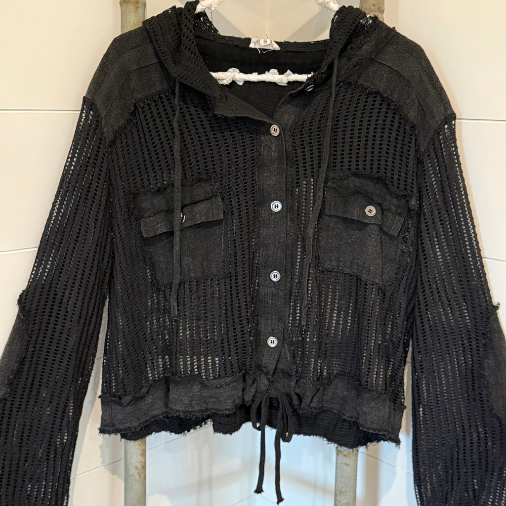 “THE SIERRA” Open knit button down pocket front hooded shirt top