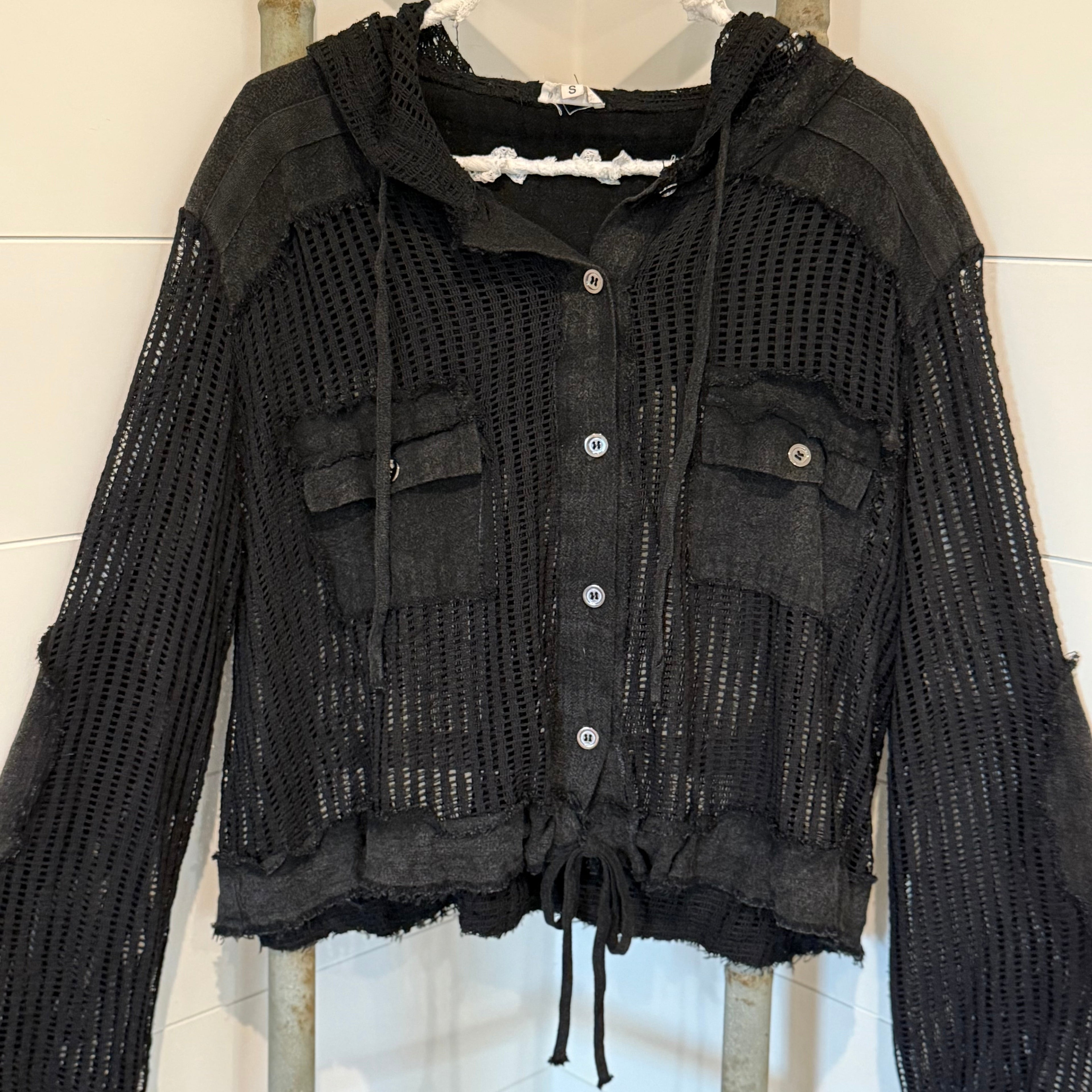 “THE SIERRA” Open knit button down pocket front hooded shirt top