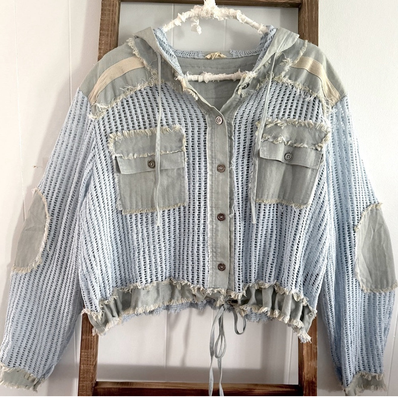 “THE SIERRA” Open knit button down pocket front hooded shirt top