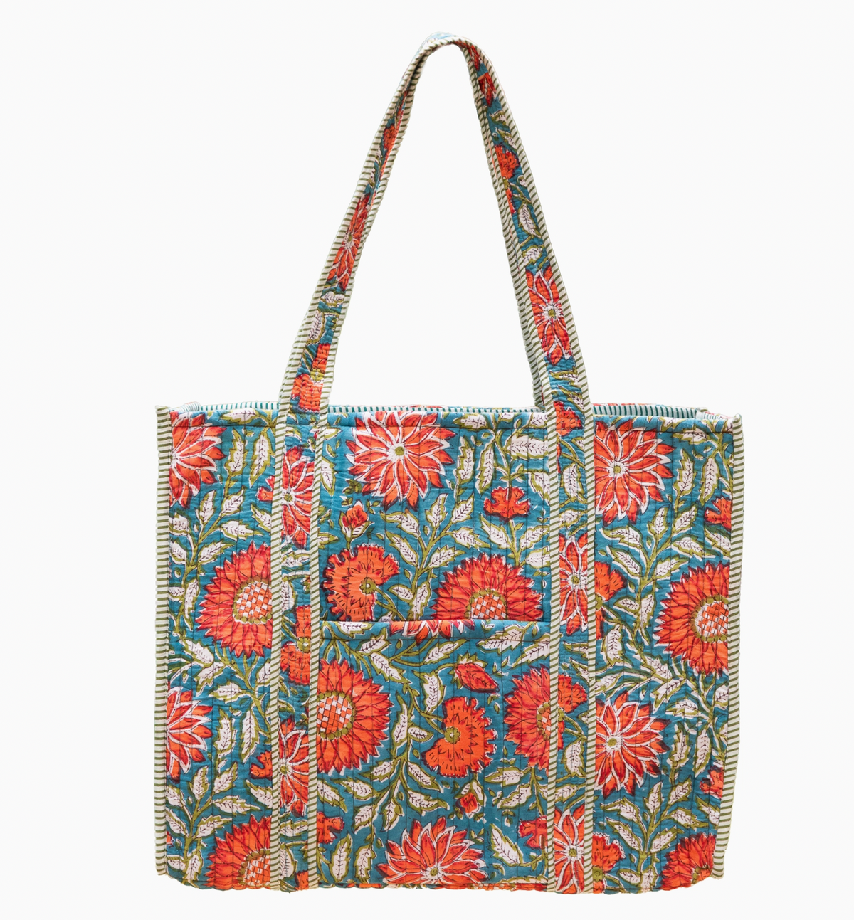Teal Blossom Quilted Block-Printed Tote