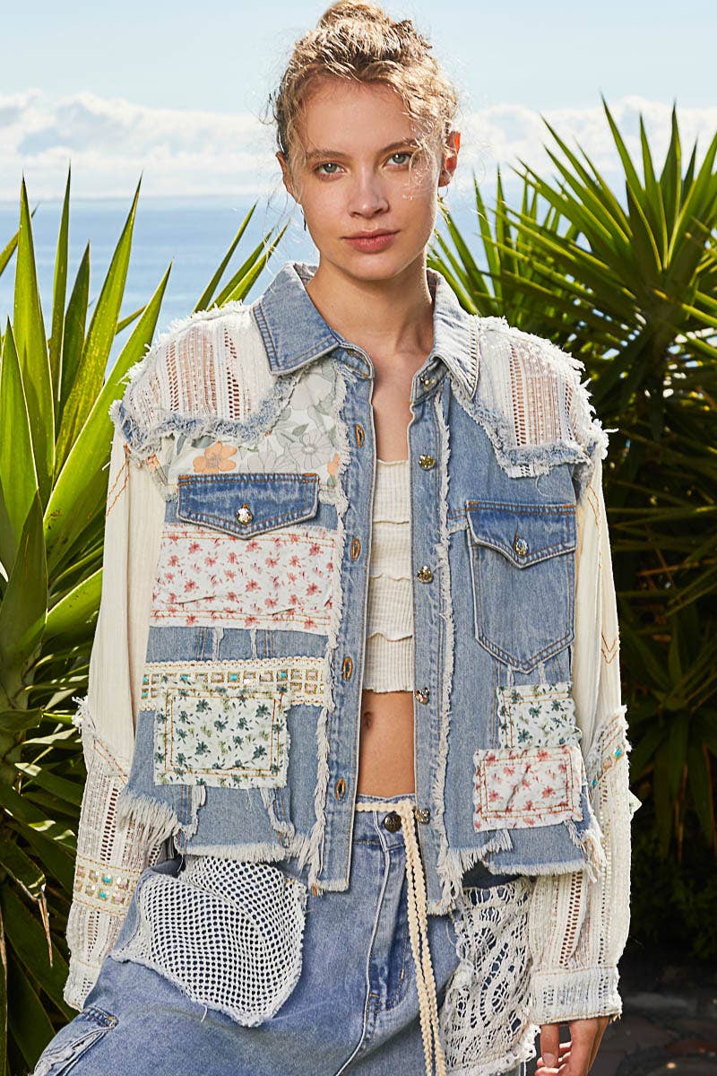 “The FLIRT”  long sleeve crochet patchwork floral light denim jacket