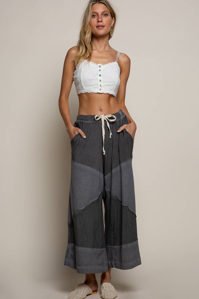 “The Cassie” Contrast ribbed elastic waist casual knit culottes pants