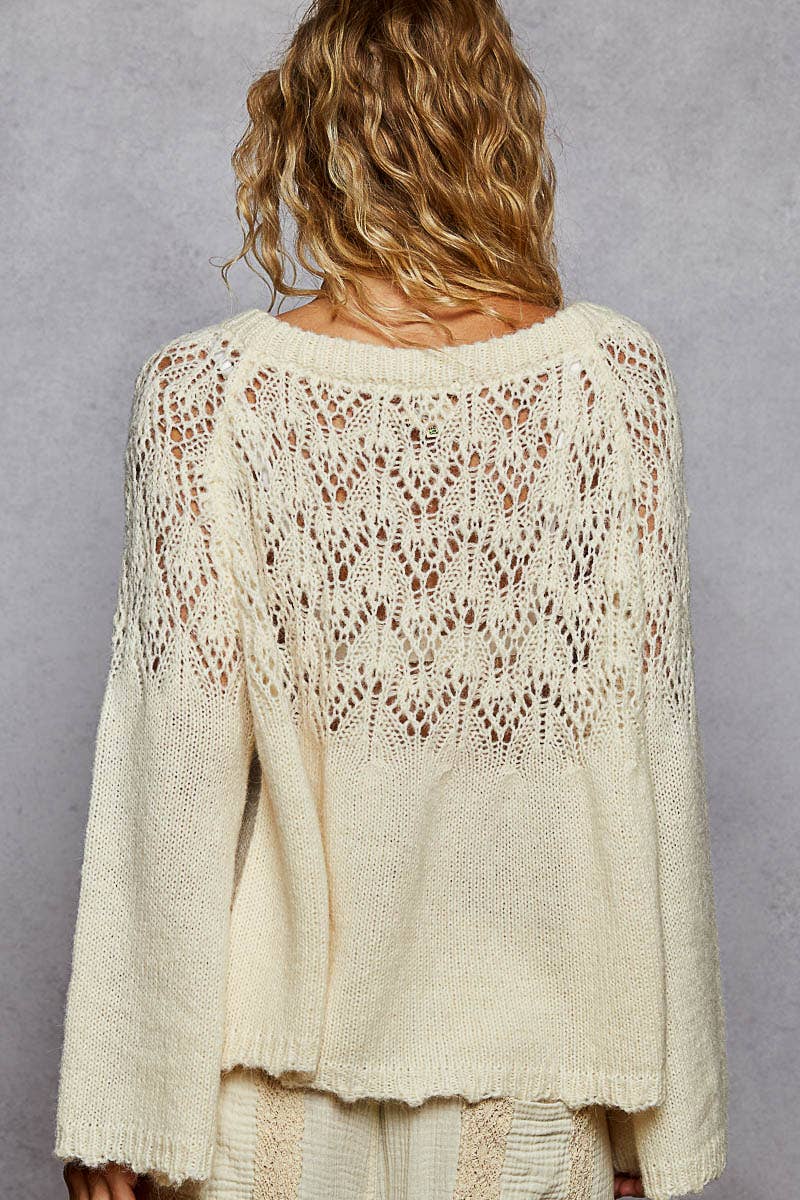 Long sleeve shirring flared solid rib band detail sweater: