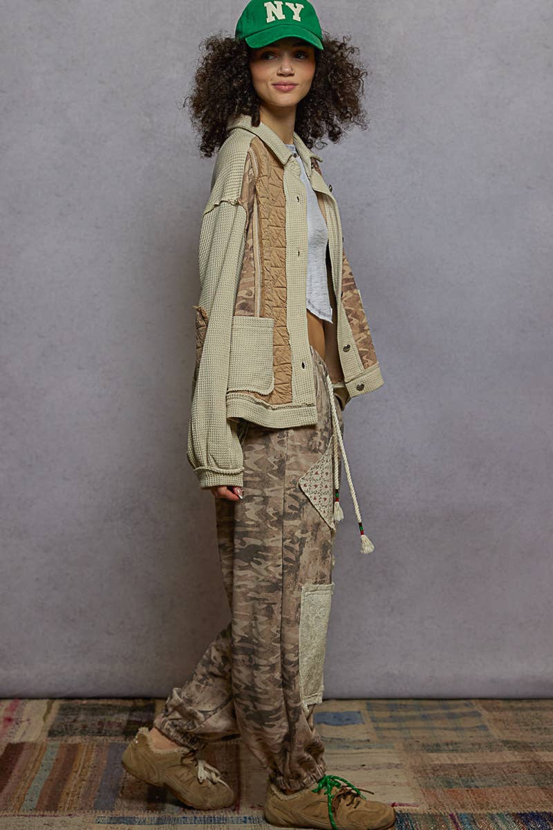 French terry Olive Camo joggers with various lace patches