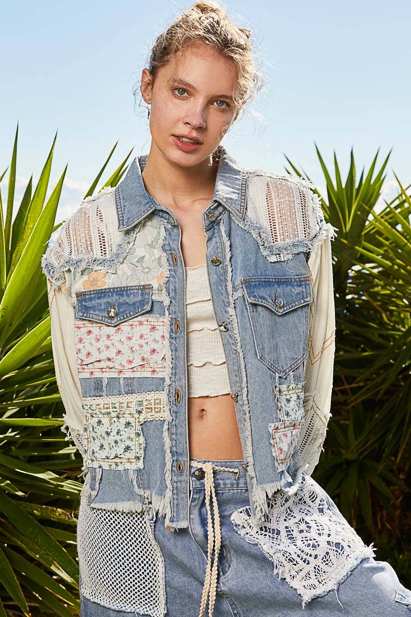 “The FLIRT”  long sleeve crochet patchwork floral light denim jacket