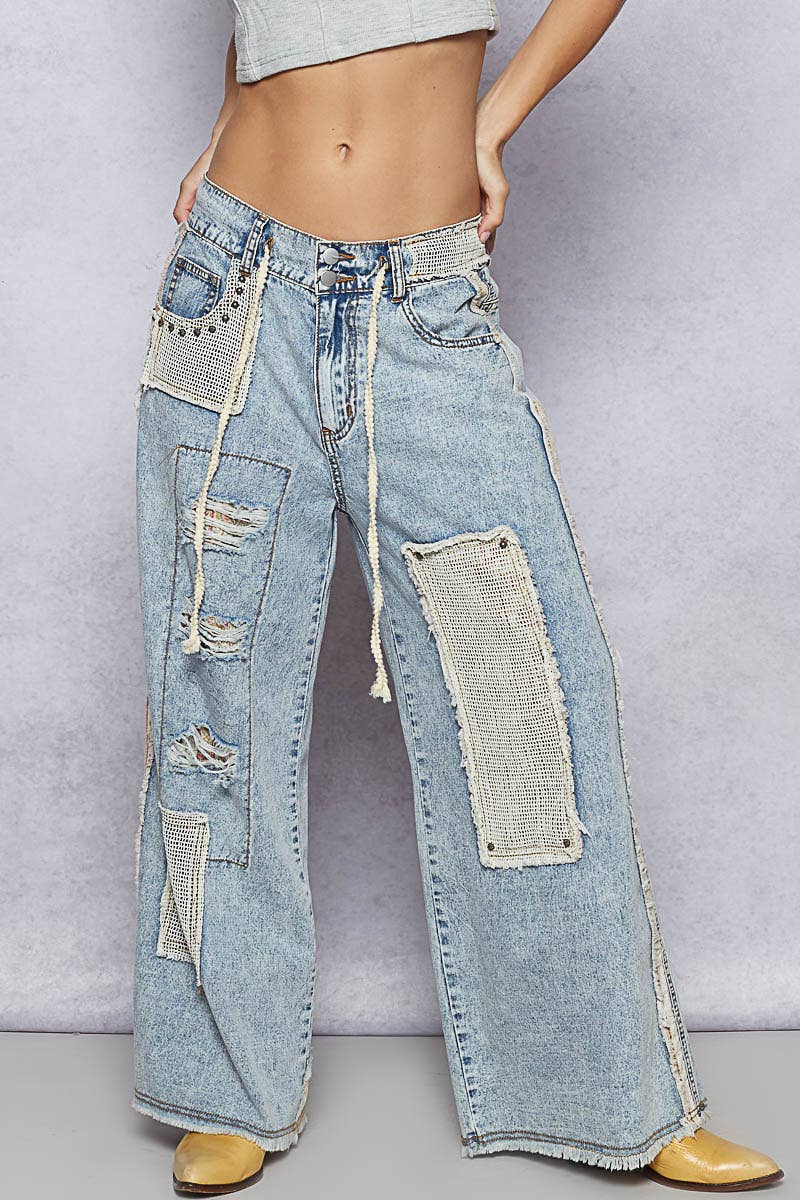Stud Detail Woven Denim Pants: DENIM