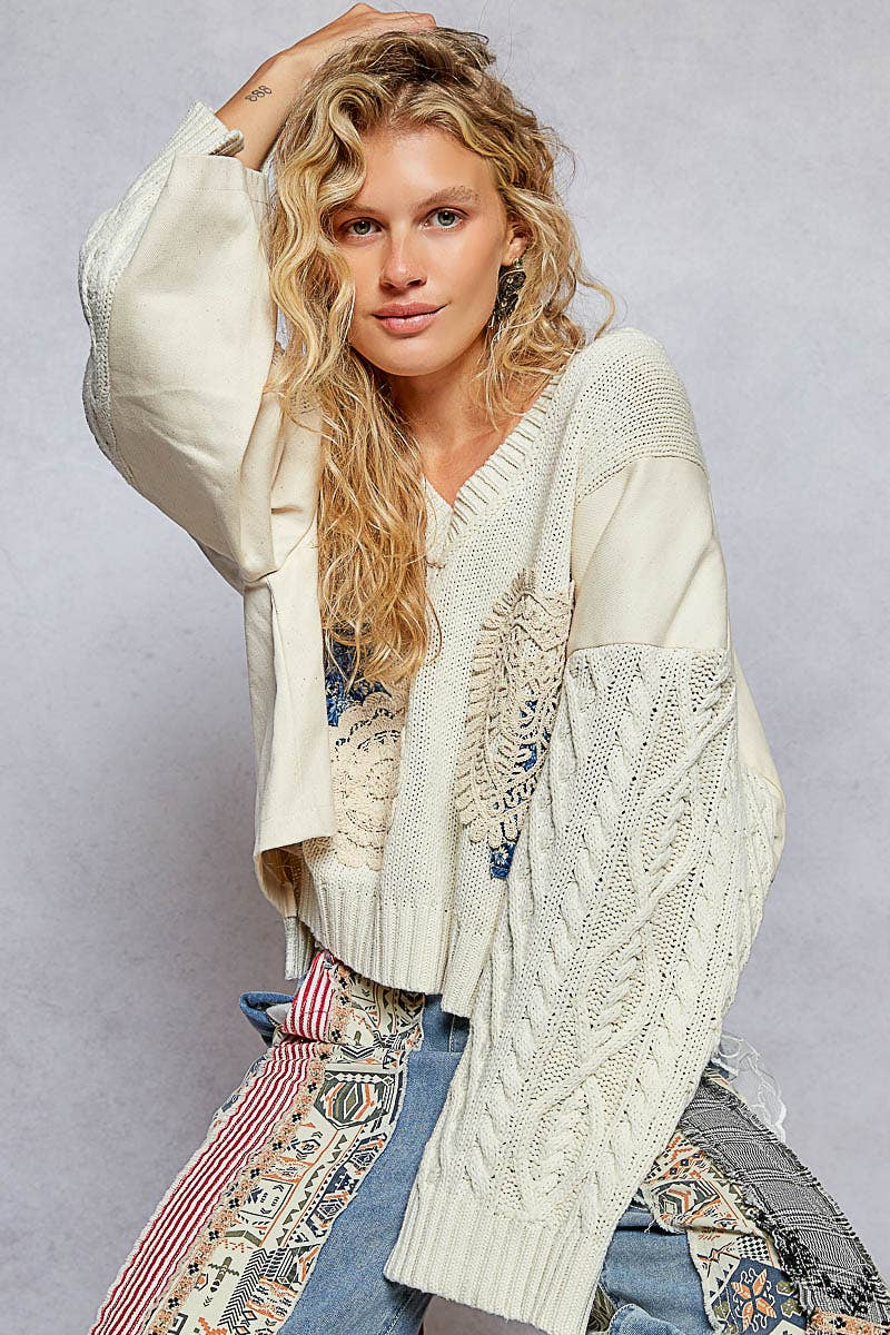 V-neck long sleeve patch details solid sweater