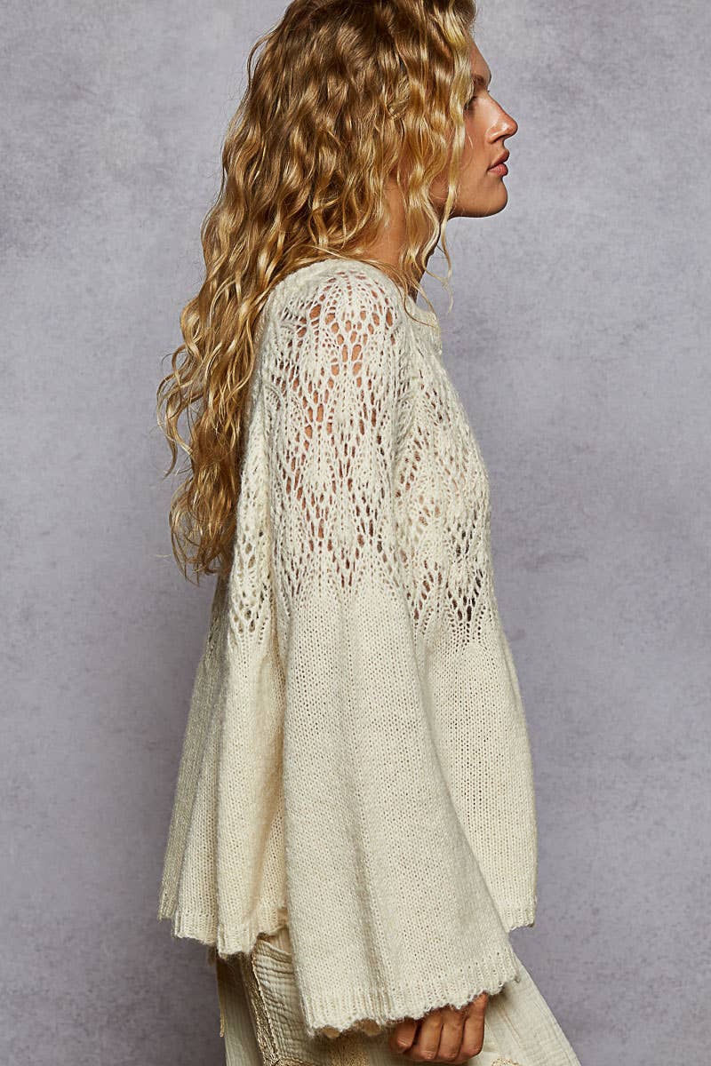 Long sleeve shirring flared solid rib band detail sweater: