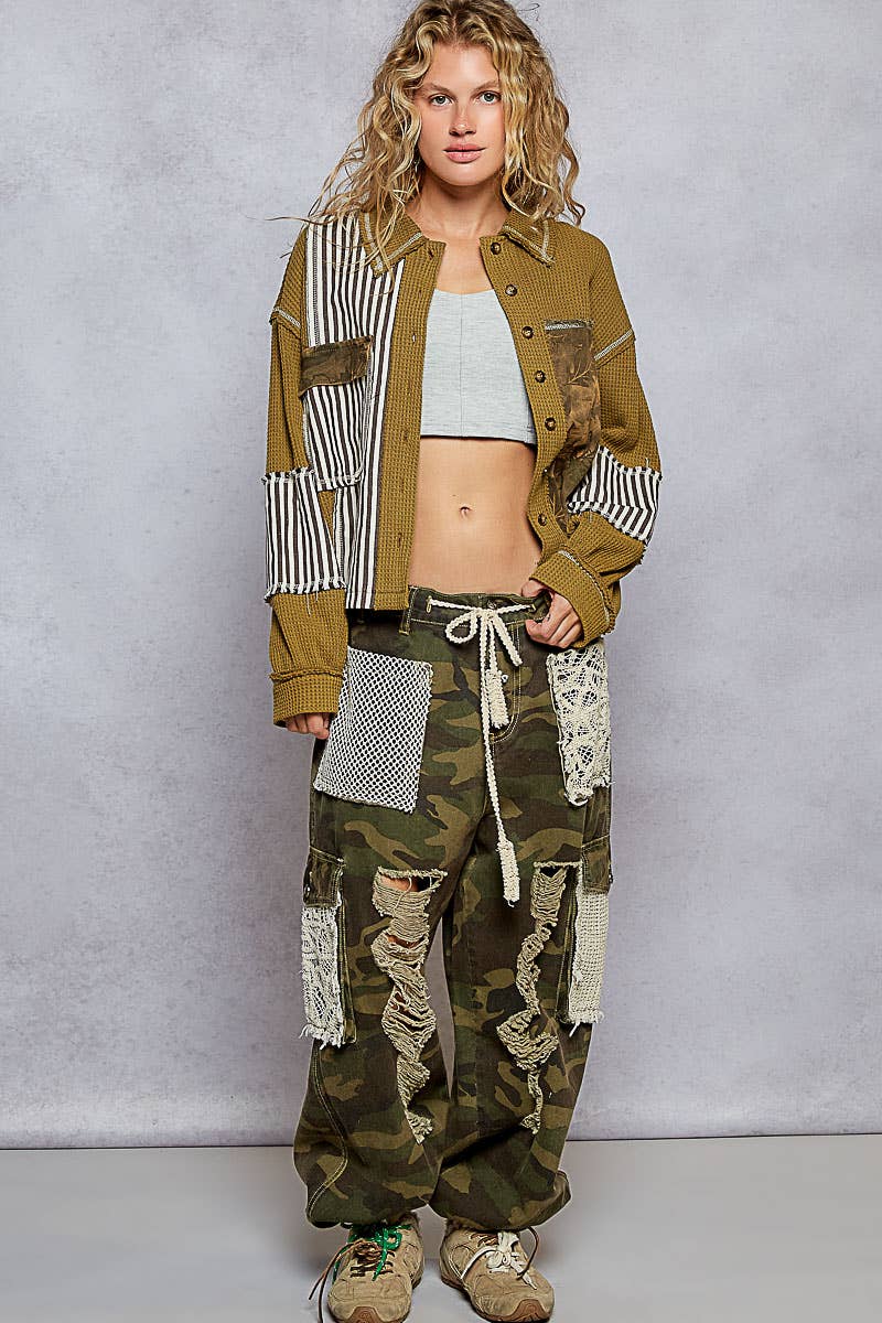 “THE Lillianna”Balloon sleeve thermal edge detail collar jacket in Olive,Camo and Stripe.