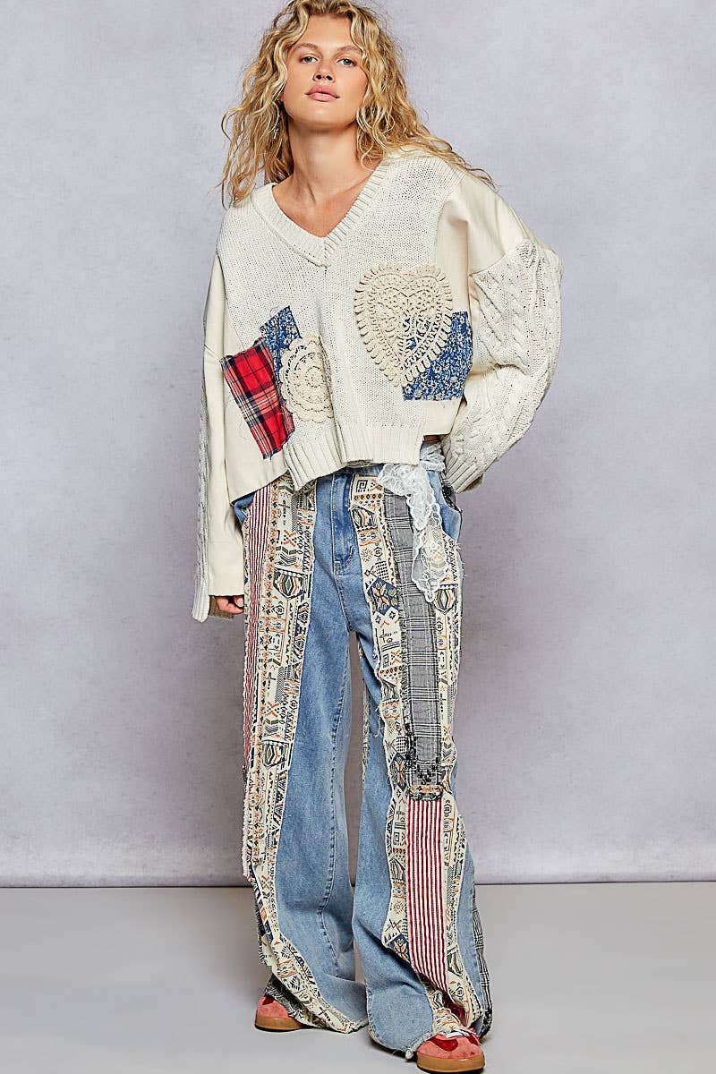 V-neck long sleeve patch details solid sweater